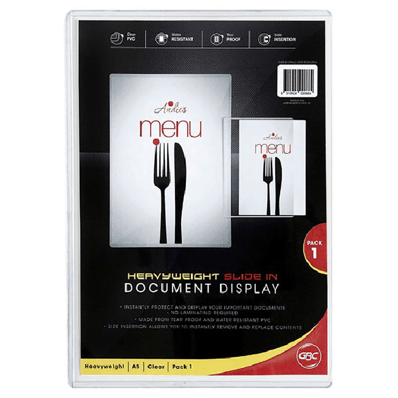 GBC Slide In Document Display Protector Heavy Duty Thick A5 Clear Menu Holder, Document Display