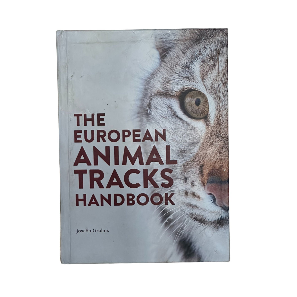 Book titled 'The European Animal Tracks Handbook' with a cat's face on the cover.