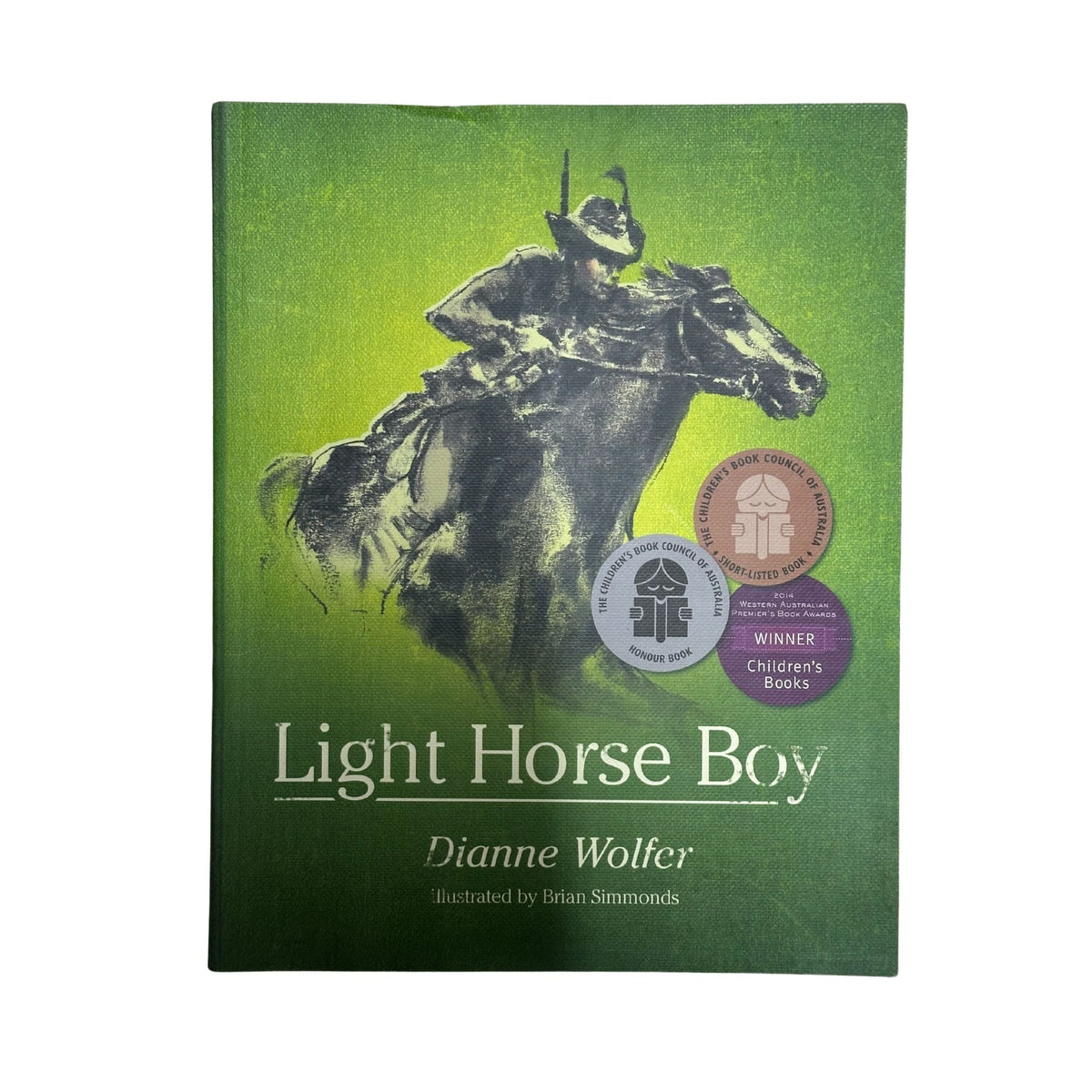 Book cover of 'Light Horse Boy' by Dianne Wolfer with a green background and illustration of a boy on a horse.