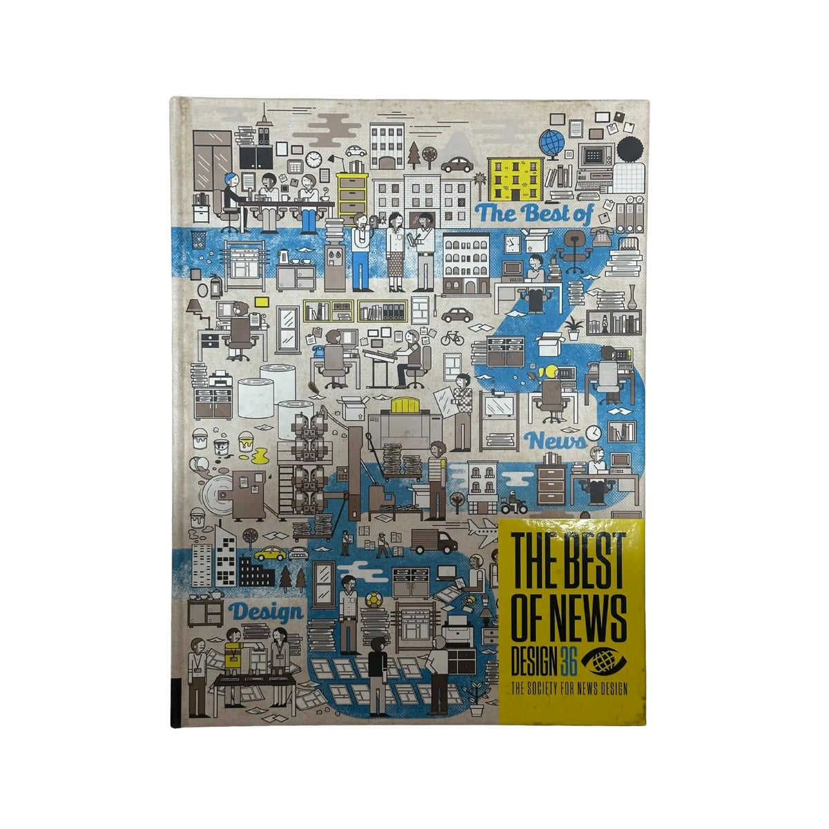Book cover with illustrated design featuring people and buildings, titled 'The Best of News Design'.