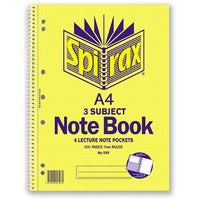 Three Subject Notebook Perforated/Note Pockets A4 Ruled 300 Page Side Opening