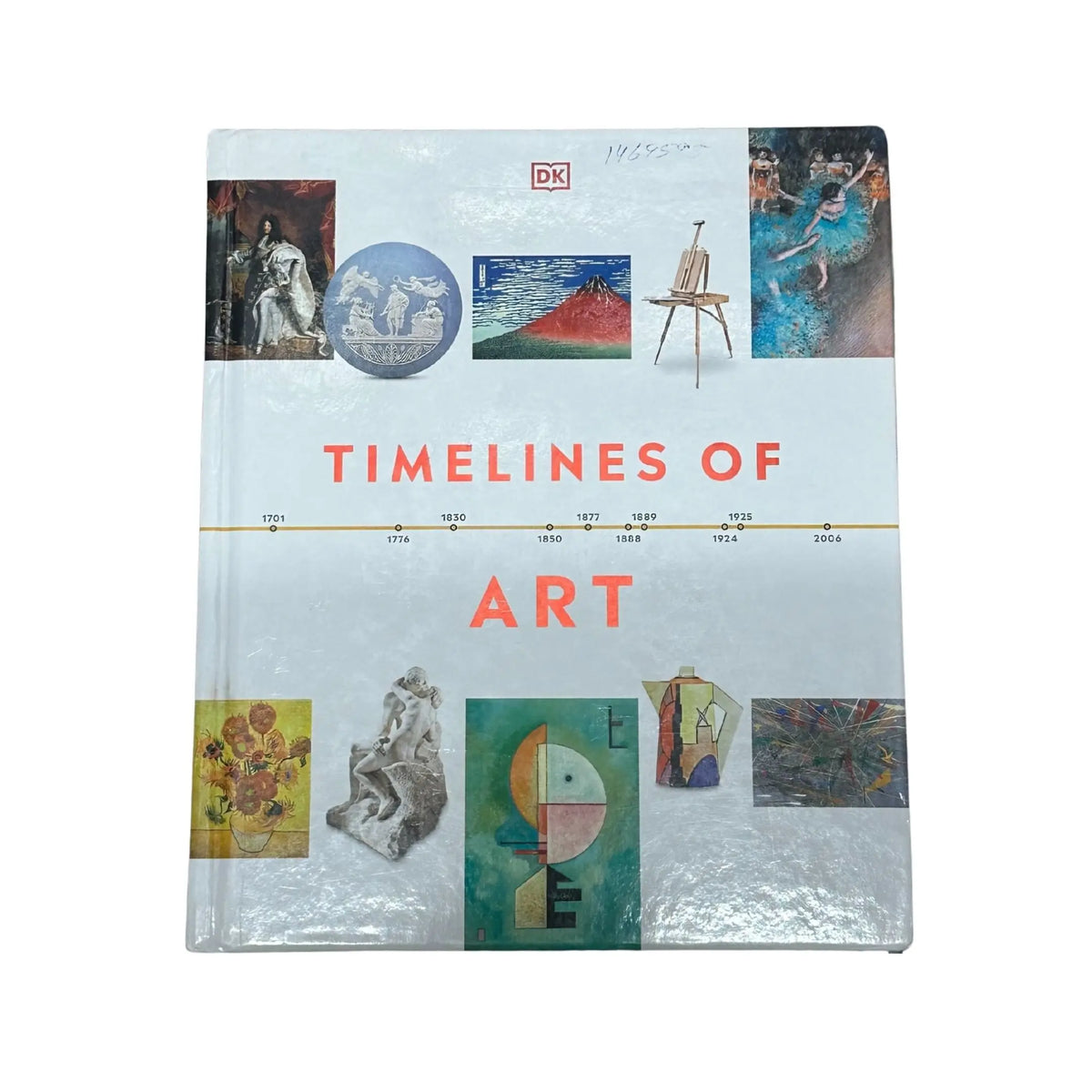 Book titled 'Timelines of Art' by DK with artistic illustrations on a white background